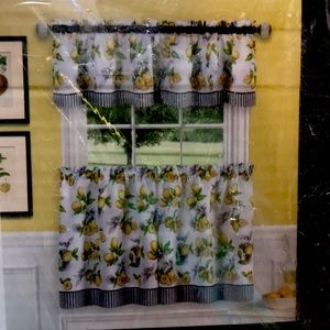 Lemon drop window their and valance set. Perfect for a farmhouse kitchen!